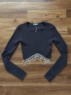 Zara Rhinestone Fringed Ribbed Knit Sweater Top Size Small NWOT